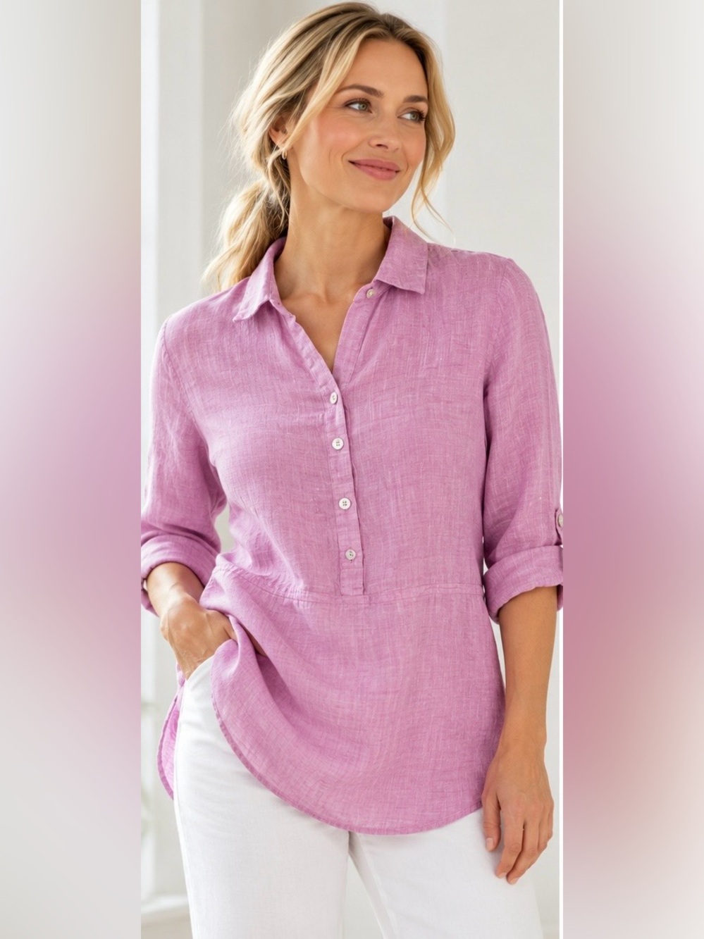 J.Jill Love Linen Pink 100% Linen Tunic Popover Shirt S Petite
